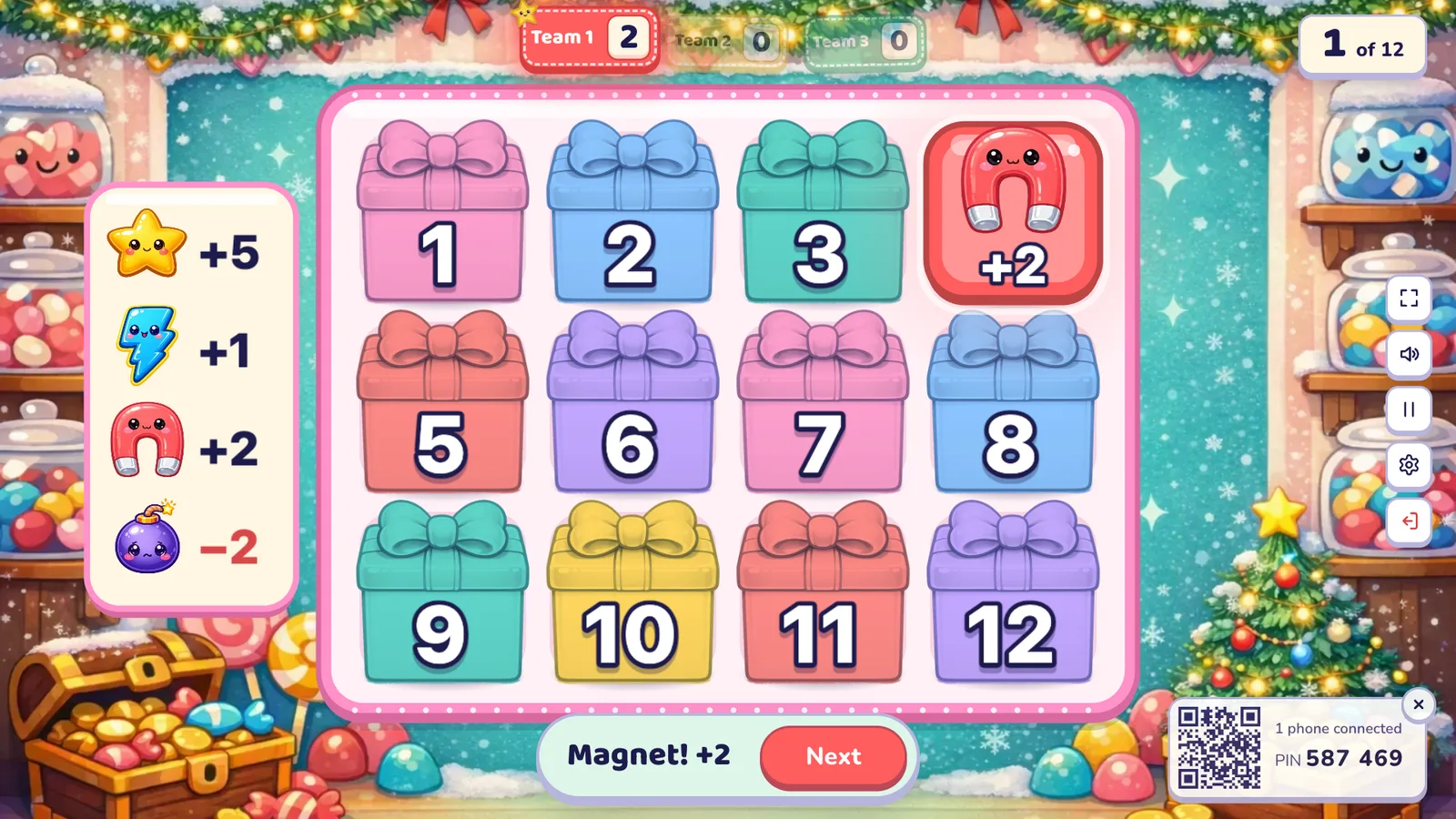 Tile Grab in the Winter holidays look: numbered boxes on a snowy background with festive lights