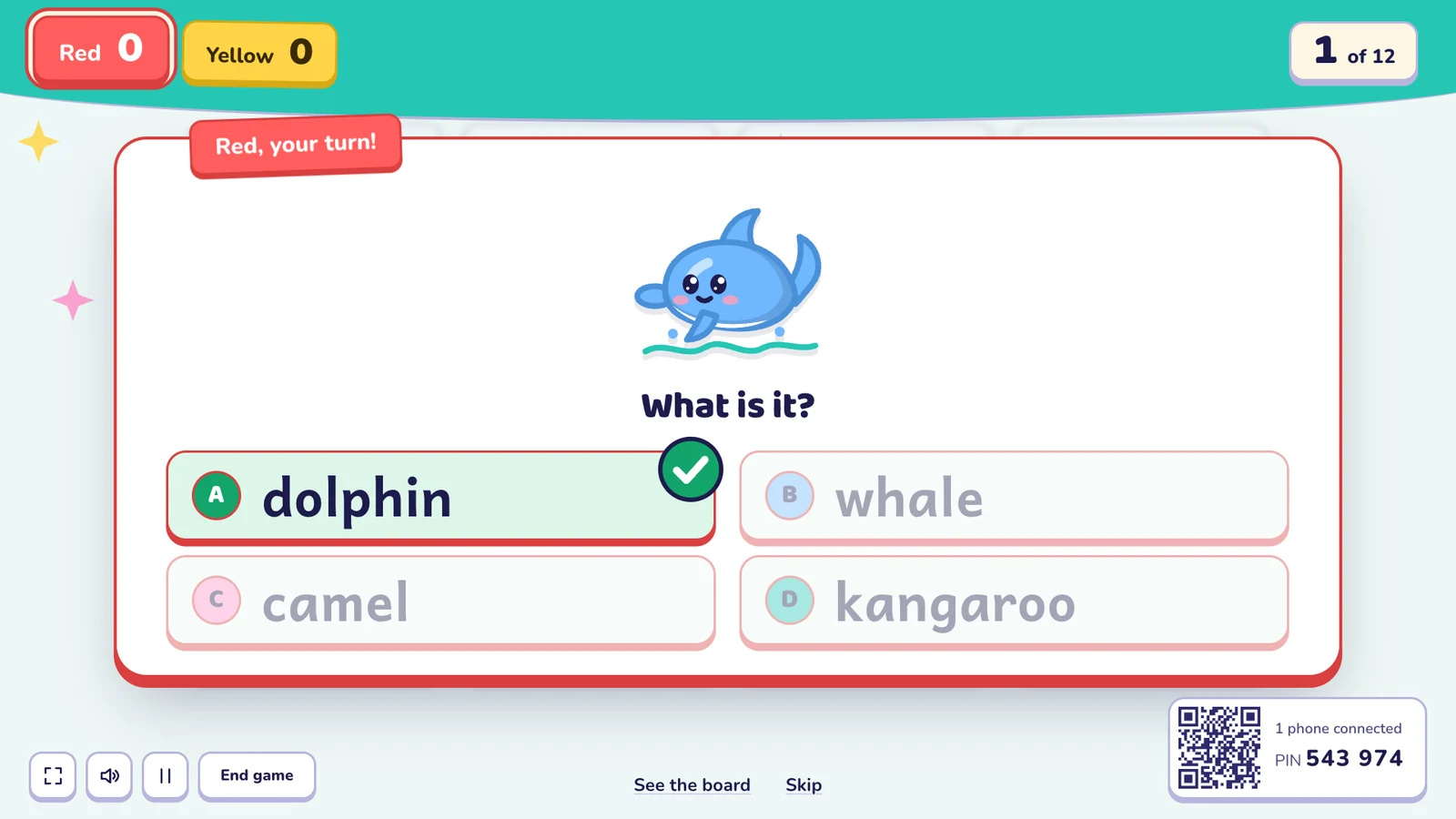 A question on the big screen with the right answer, zebra, marked with a green tick