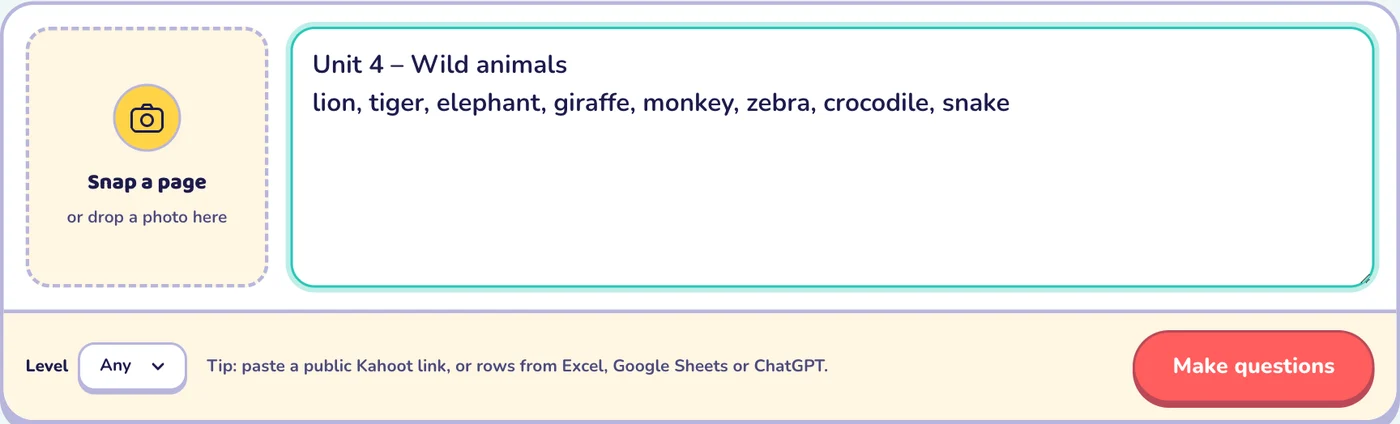 The Oly composer with a box to snap a page and a box with a pasted word list about wild animals