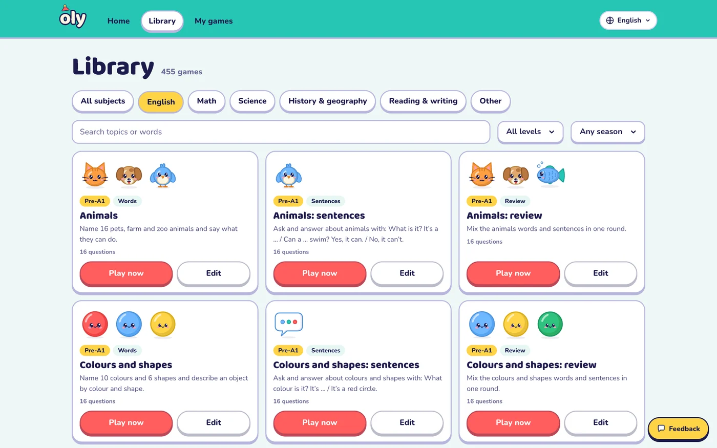 The Oly library with filters for subject and level and cards for each game