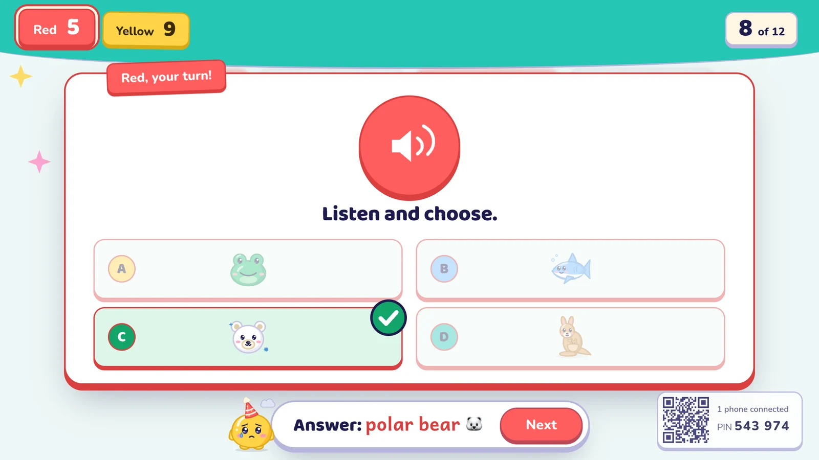 A listening question with four pictures; the polar bear is the right answer