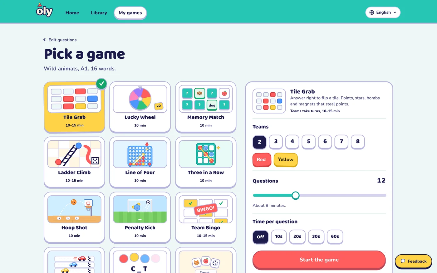 The game picker showing Tile Grab, Lucky Wheel, Memory Match and more, with settings for teams, questions and time