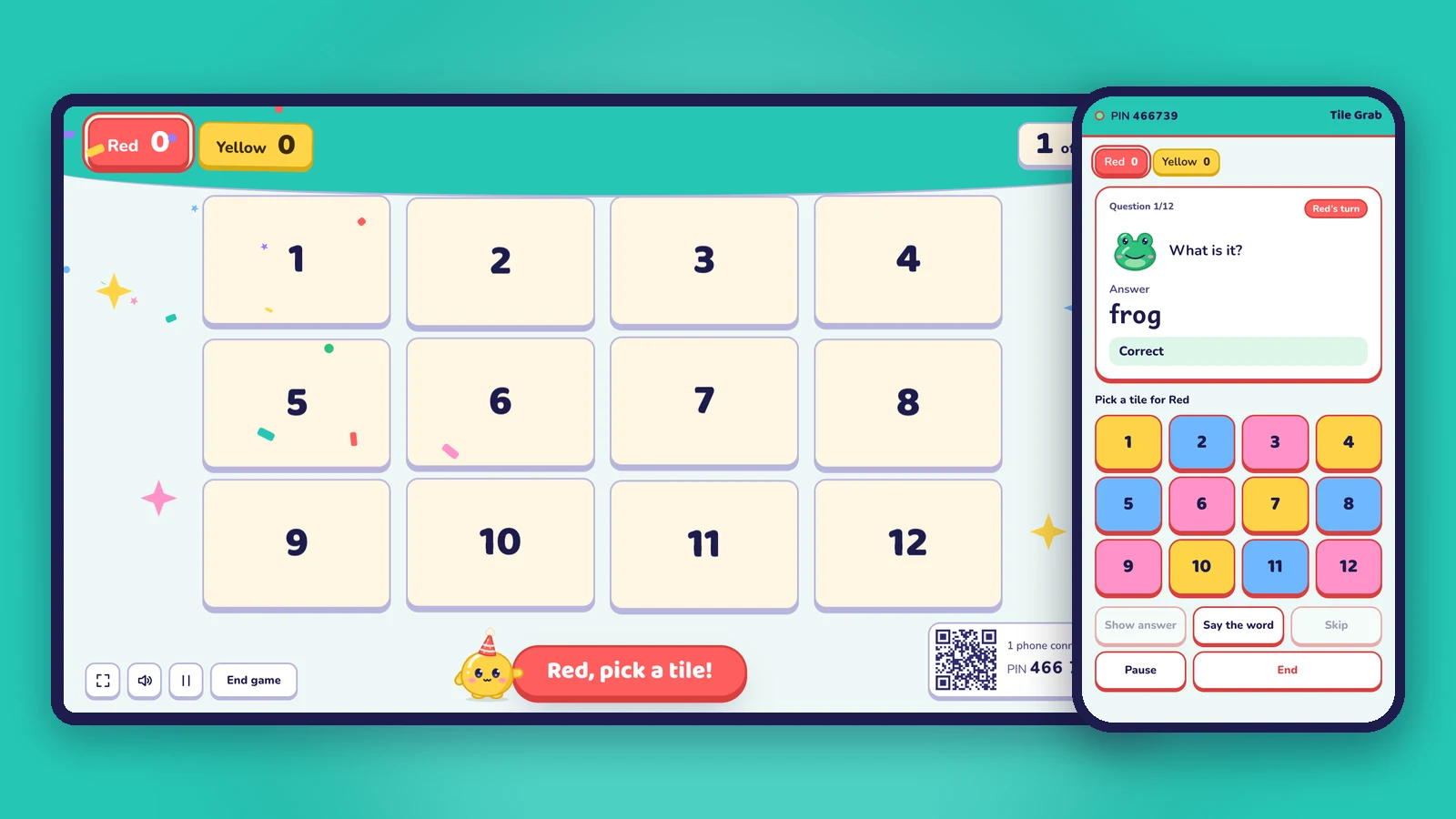 The big screen shows a board of numbered tiles while the phone shows the same tiles to pick for the team