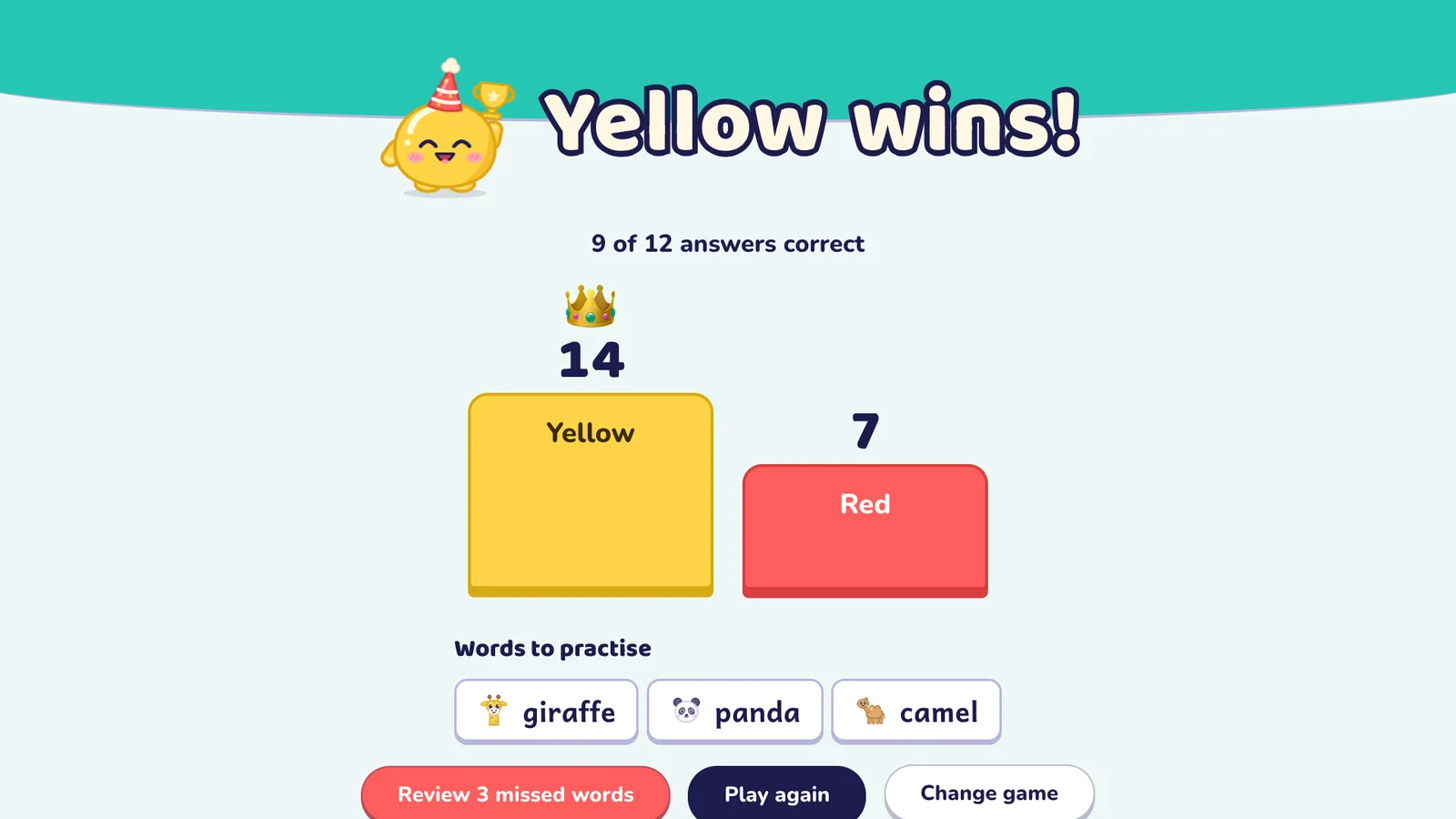 The results screen with a podium for each team and a list of words to practise