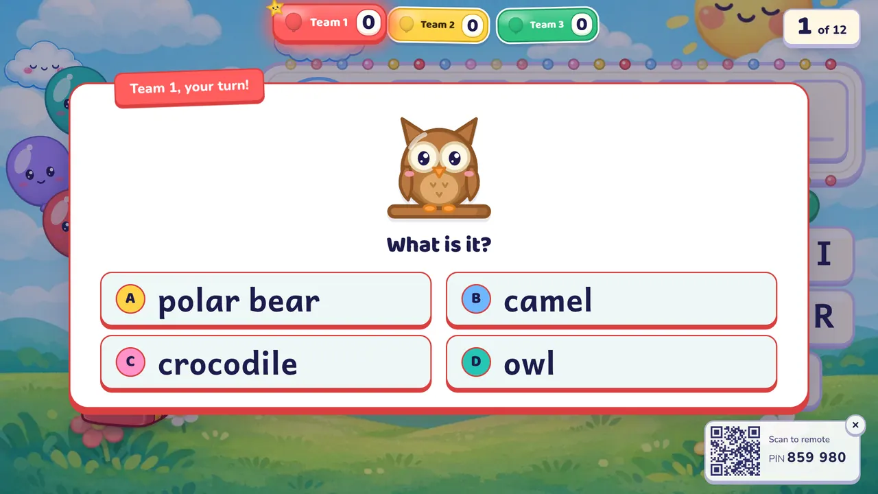 A question card on top of the Balloon Words board: a picture of an owl, "What is it?" and four answers: polar bear, camel, crocodile, owl