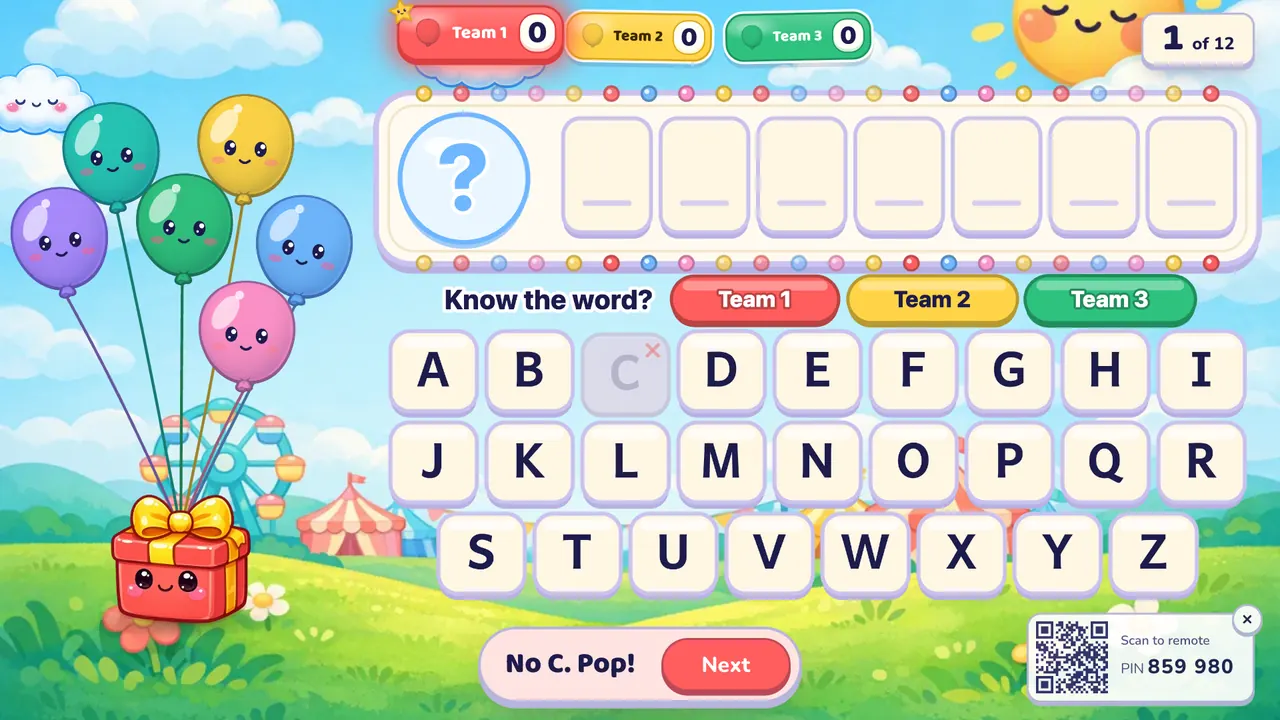 A row of seven blank letter boxes, an alphabet keyboard with C crossed out, and six smiling balloons left