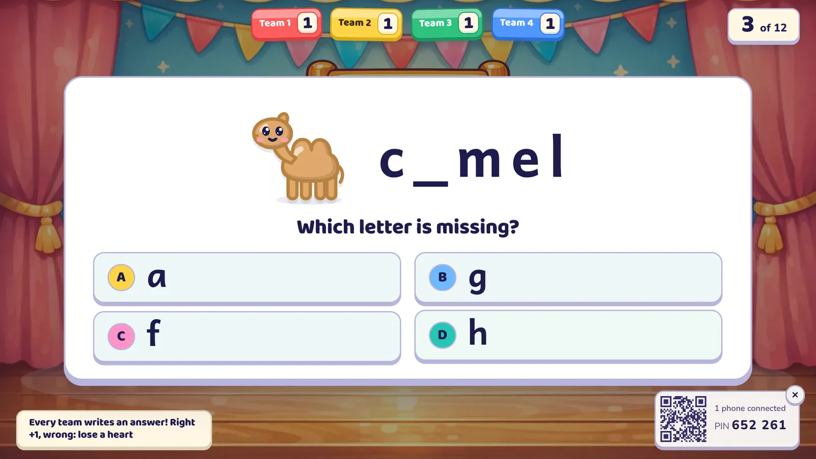 ステージの上に出たベルをならせの問題:アニメ風のラクダ、「c _ m e l」、「Which letter is missing?」と4つの答え:a、g、f、h