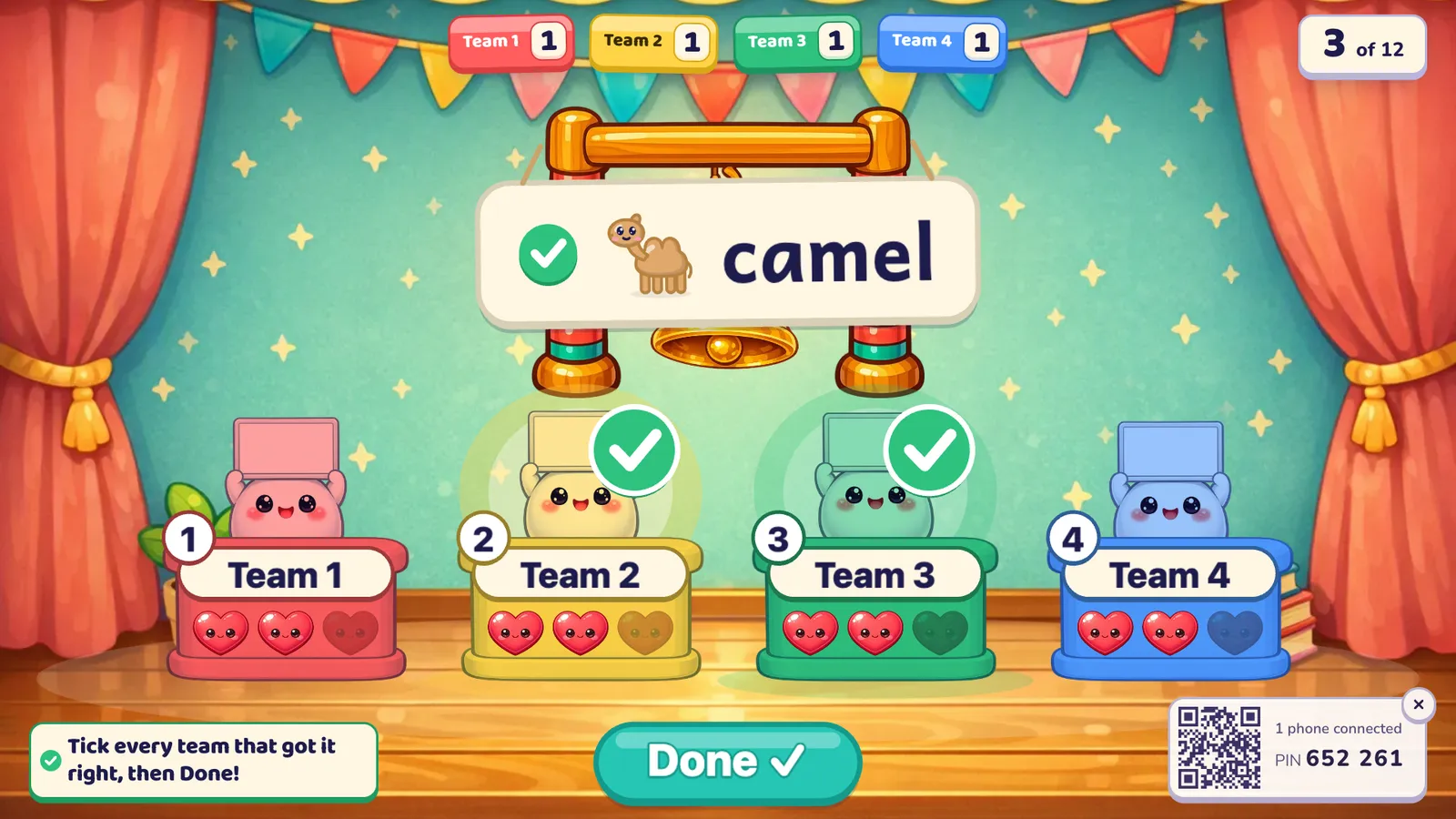 小さな劇場のステージのベルをならせ:答えのカード「camel」の上に金色のベル、ボードをかかげる生きものたちがいる4つのチームの机、チーム2と3に緑のチェック、どのチームもハートが2つずつ残り、大きな「Done」ボタン