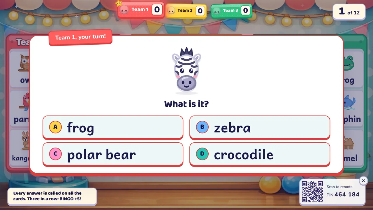 A picture question over the bingo hall: a cartoon zebra, "What is it?" and four answers: frog, zebra, polar bear, crocodile