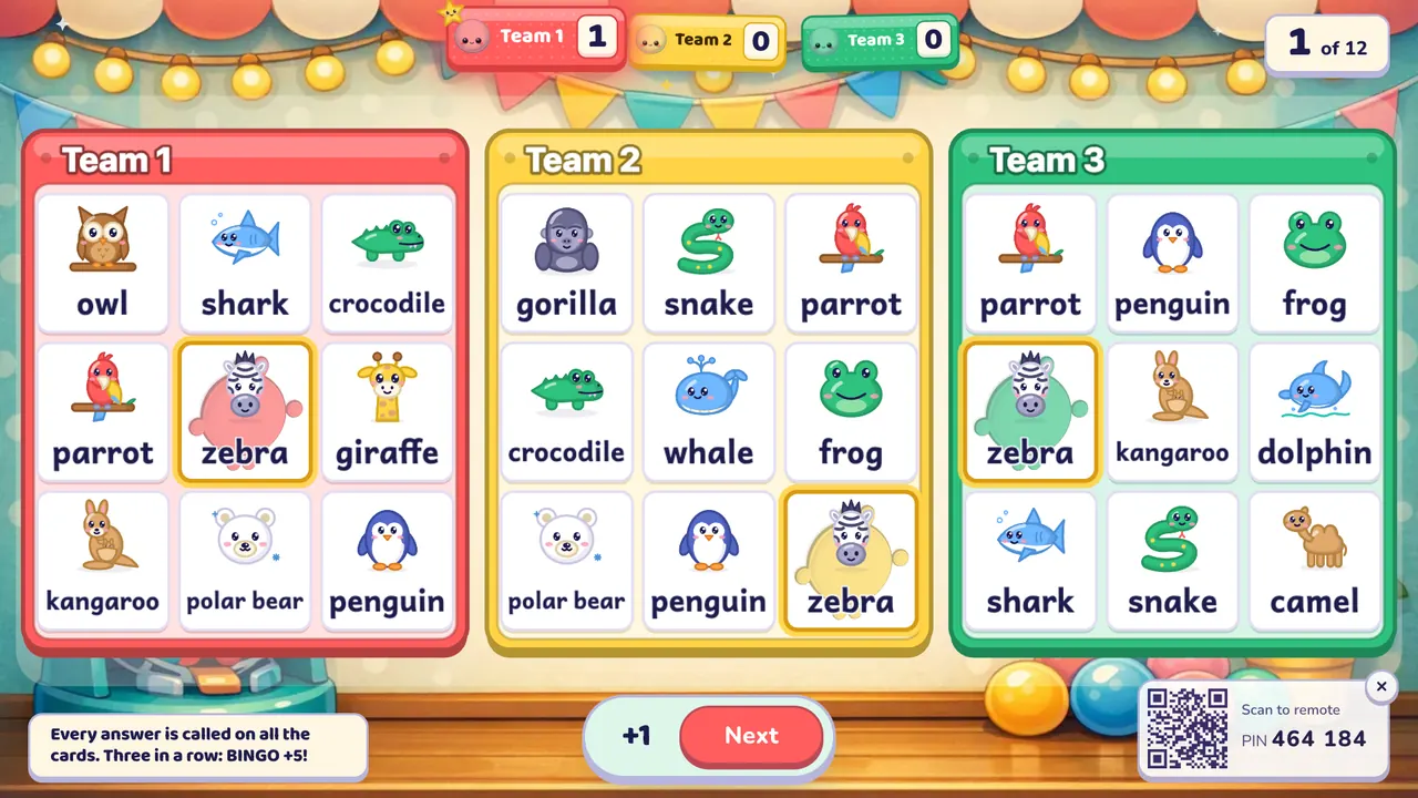Three team bingo cards with animal words and pictures, each with zebra stamped after it was called
