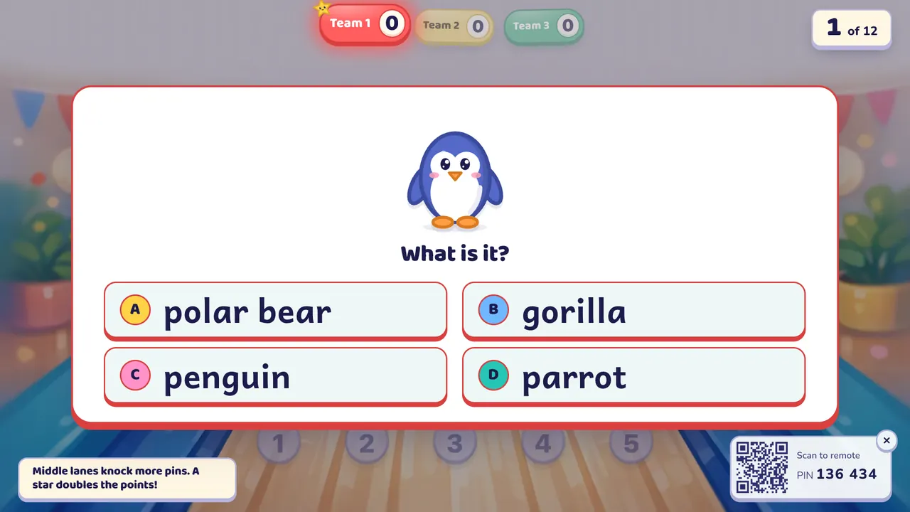 A question card on the bowling lane: a penguin picture, "What is it?" and four answers, with lane numbers 1 to 5 behind it