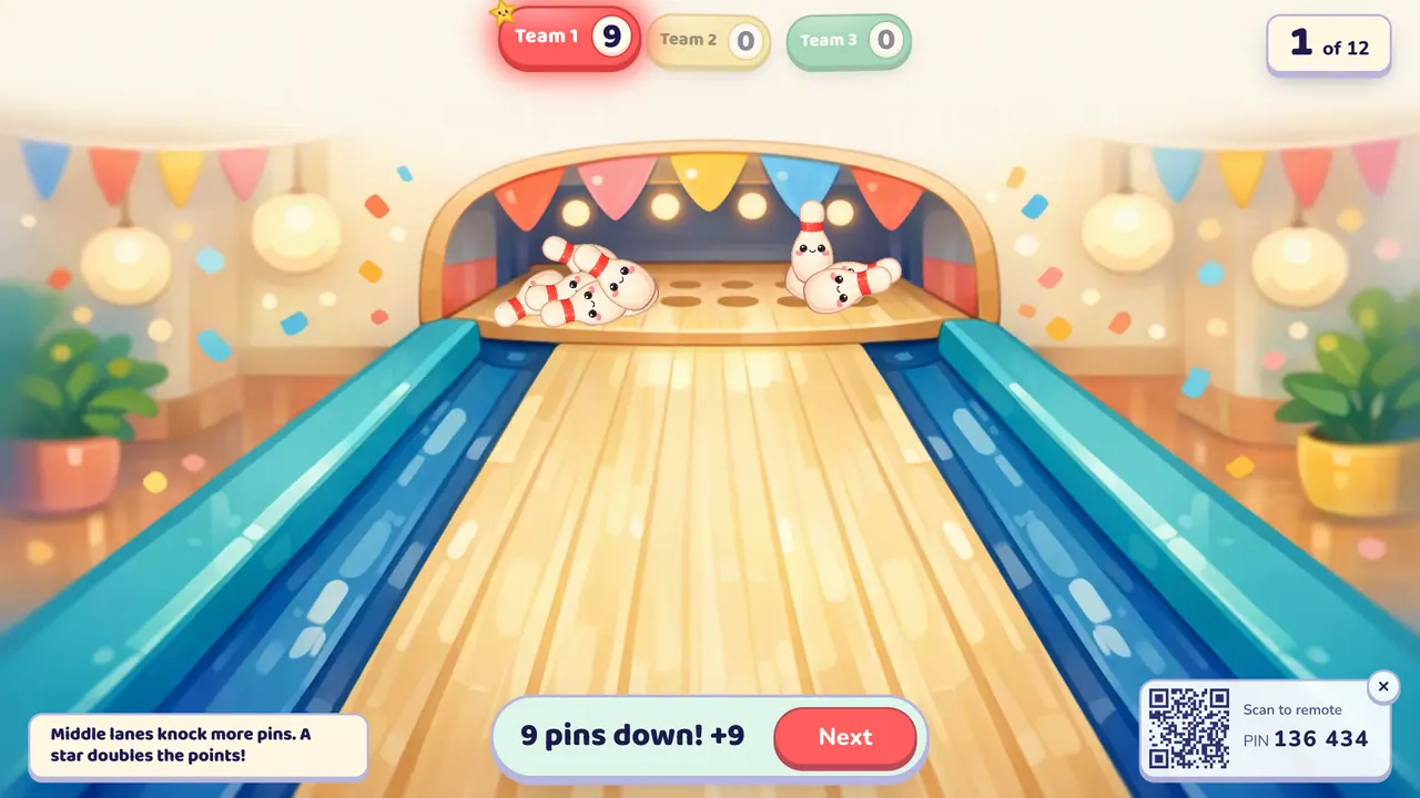 A bowling lane with cute pins knocked over at the end, Team 1 on 9 points and the banner "9 pins down! +9"