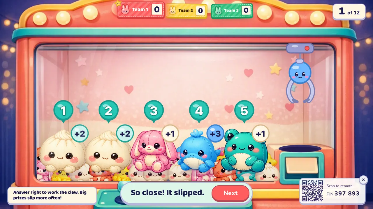 A pink claw machine full of cute plushies, five numbered spots with their points (+2, +2, +1, +3, +1), and the banner "So close! It slipped."