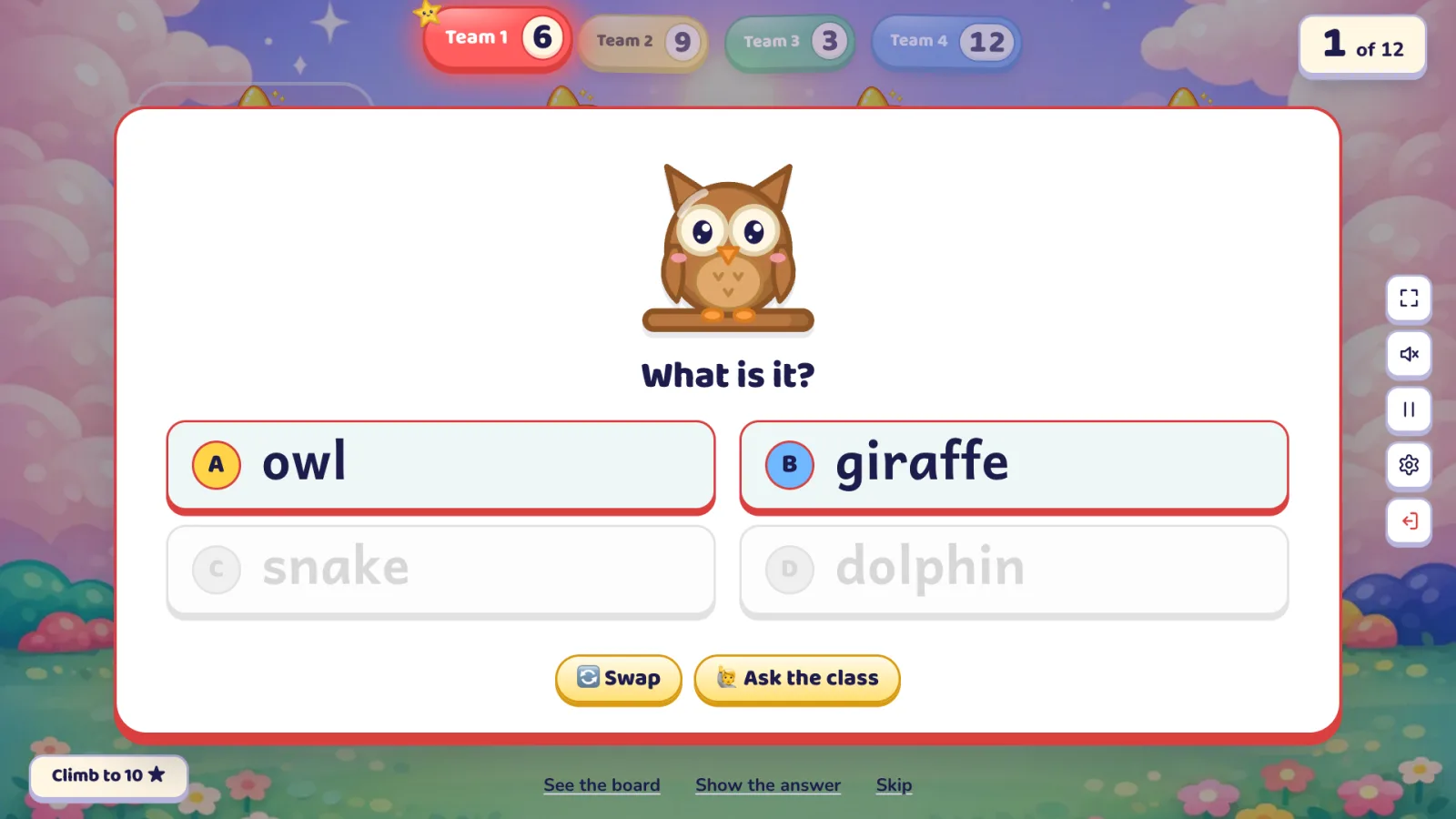 A Prize Climb question: a cartoon owl, "What is it?" with owl and giraffe still bright, snake and dolphin greyed out by the 50:50, and the Swap and Ask the class buttons below
