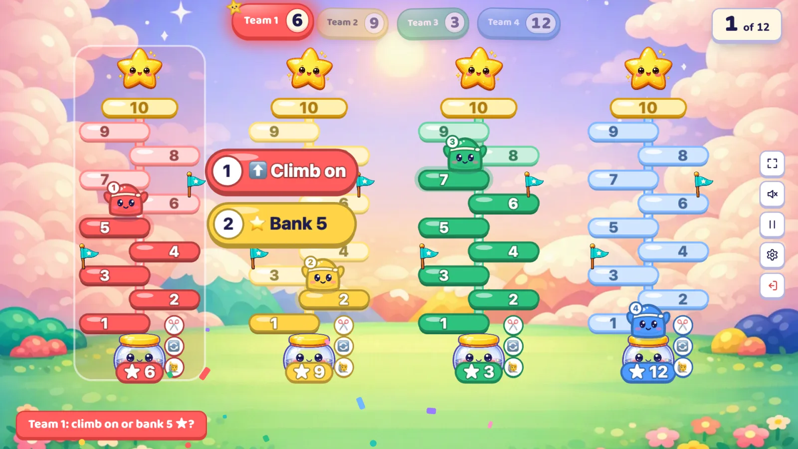 Prize Climb: four towers of numbered steps 1 to 10 in red, yellow, green and blue, each with a smiling star on top, safe flags by steps 3 and 6, team critters on different steps, prize jars at the bottom showing 6, 9, 3 and 12 stars, and two buttons, "Climb on" and "Bank 5"