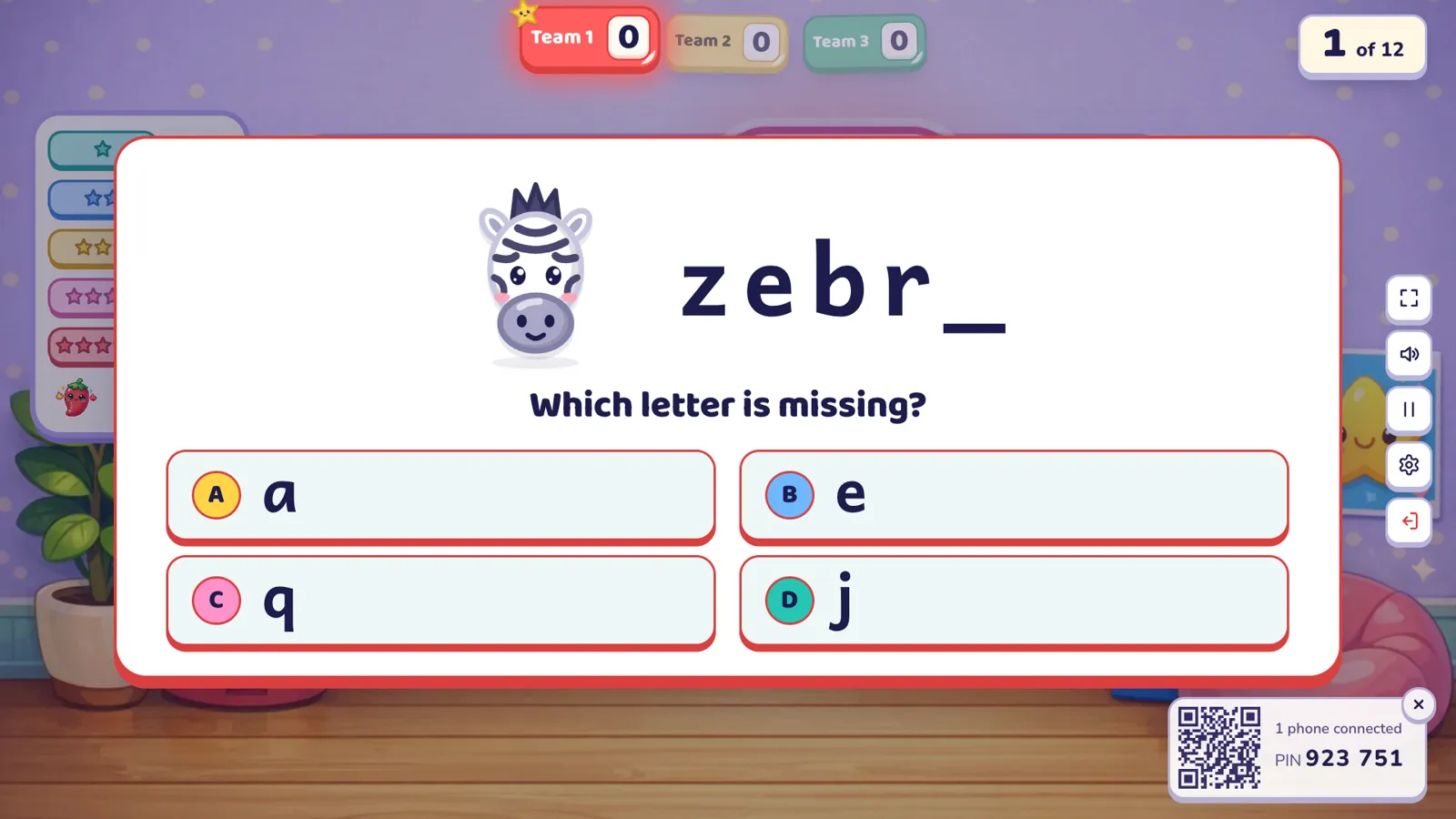 Una tarjeta de pregunta del Tablero de retos: una cebra de dibujos animados, "z e b r _", "Which letter is missing?" y cuatro respuestas: a, e, q, j
