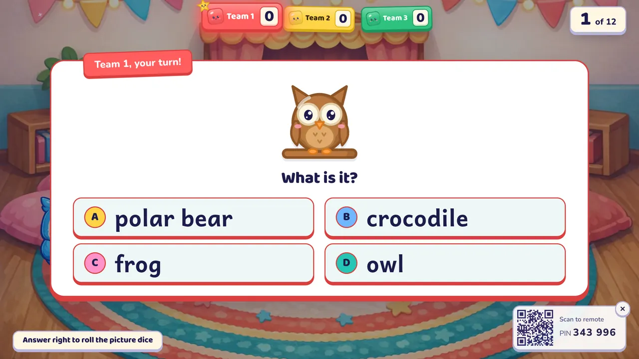 A Picture Dice question card: a picture of an owl, "What is it?" and four answers: polar bear, crocodile, frog, owl