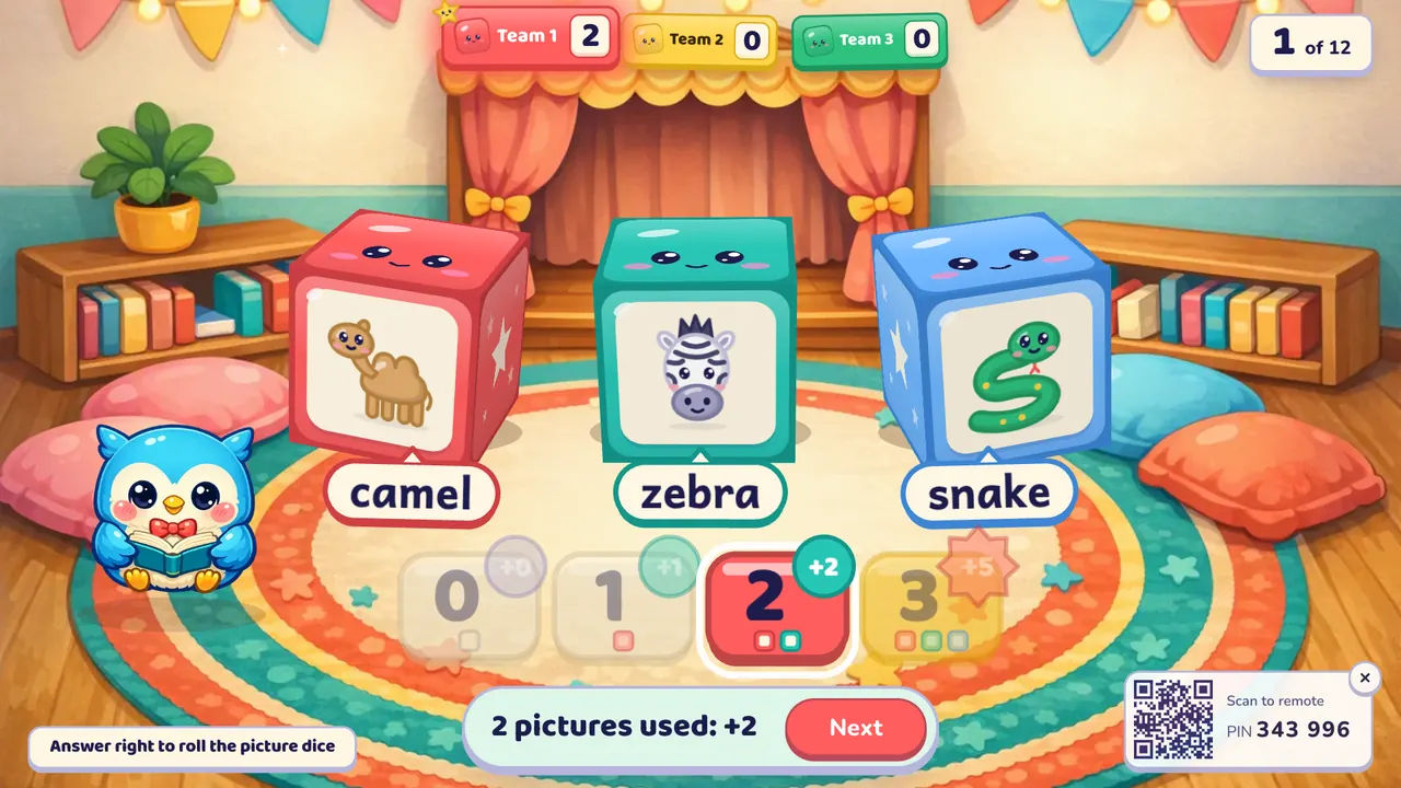 Picture Dice on the big screen: three cute dice showing a camel, a zebra and a snake with their words, and buttons 0 to 3 with 2 selected and the result "2 pictures used: +2"
