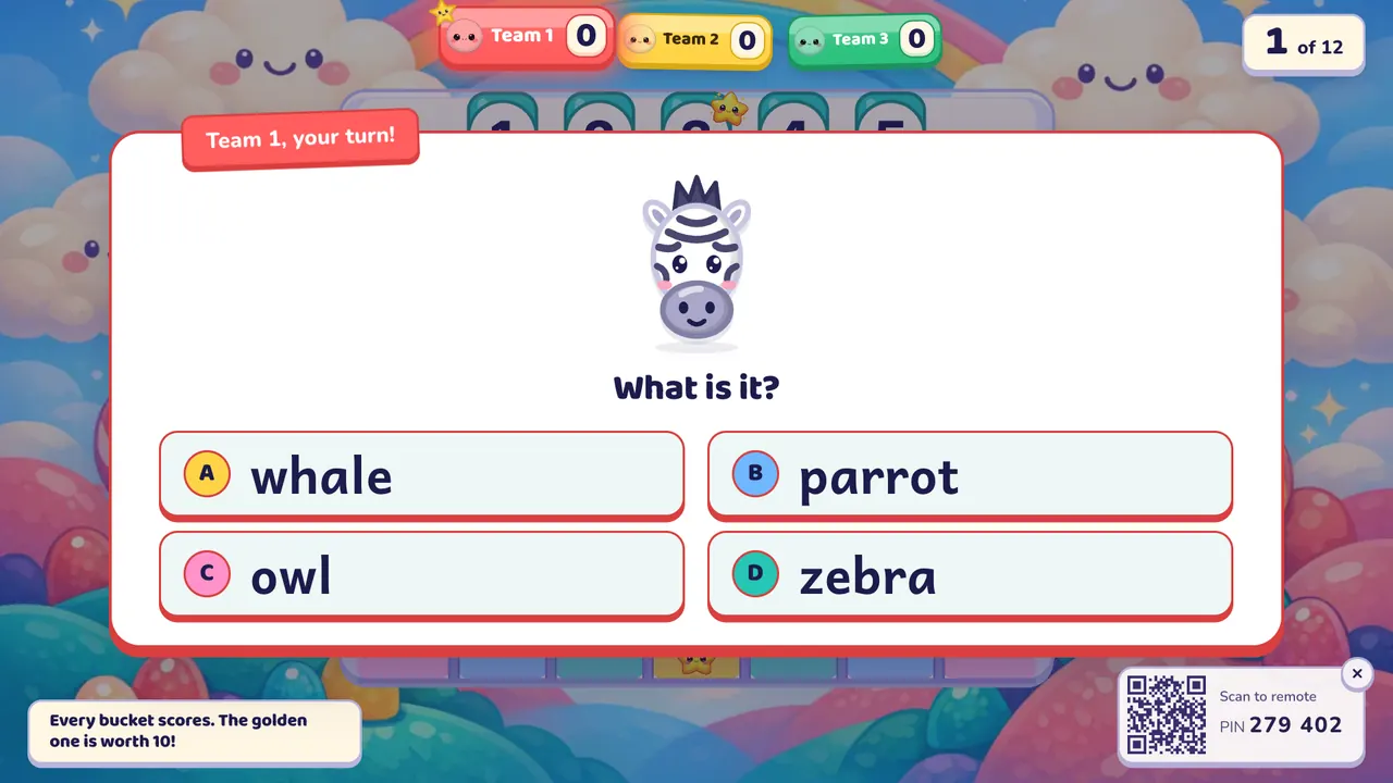 A question card over the peg board: a zebra picture, "What is it?" and four answers, with "Team 1, your turn!"