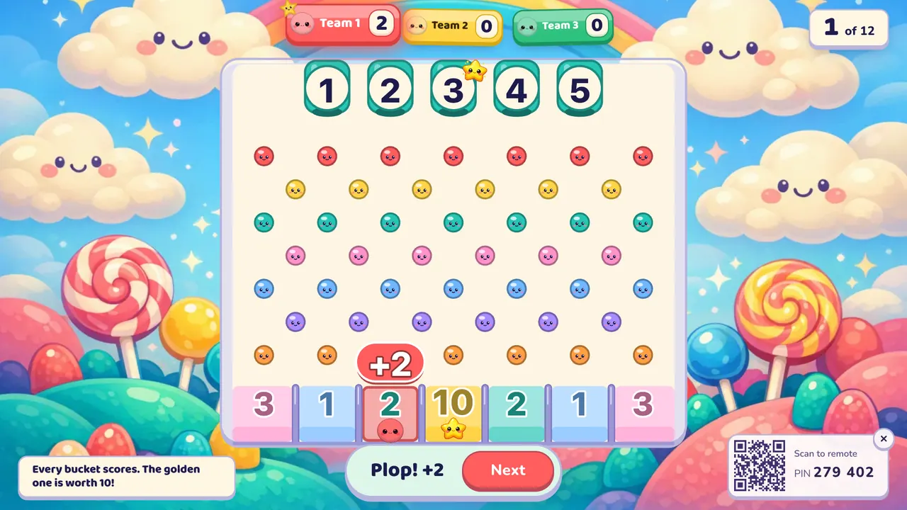 A peg board with five numbered chutes at the top and a row of buckets worth 3, 1, 2, 10, 2, 1 and 3 points