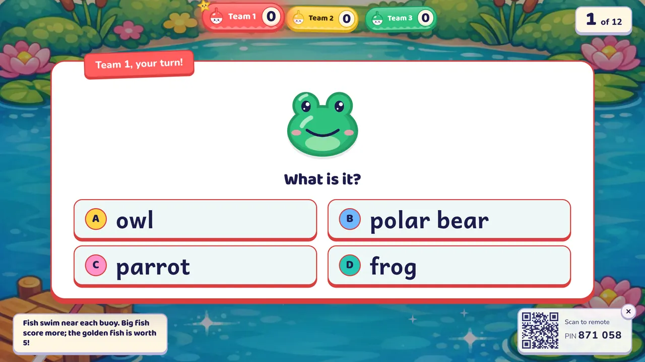 A question card over the pond: a frog picture, "What is it?" and four answers, with "Team 1, your turn!"