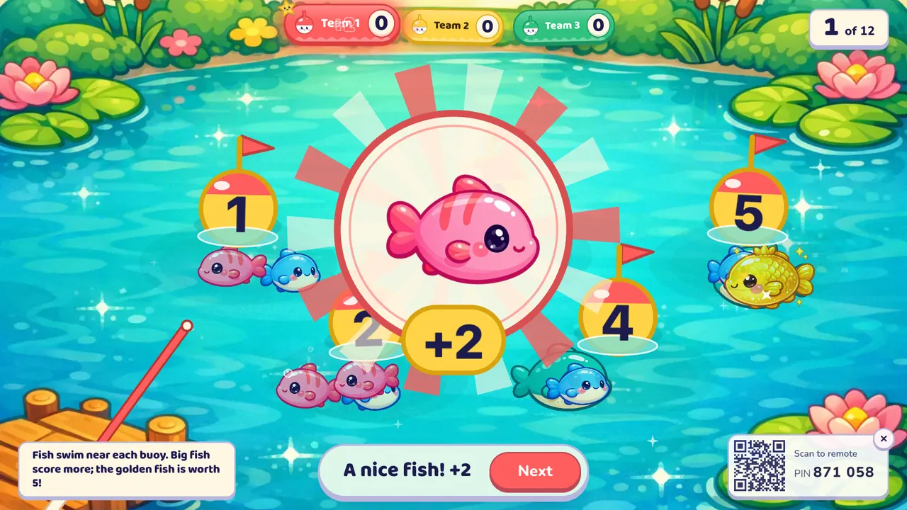A pond with five numbered buoys and cute fish swimming near them; a pink fish is held up in a circle with "+2", and the banner says "A nice fish! +2"