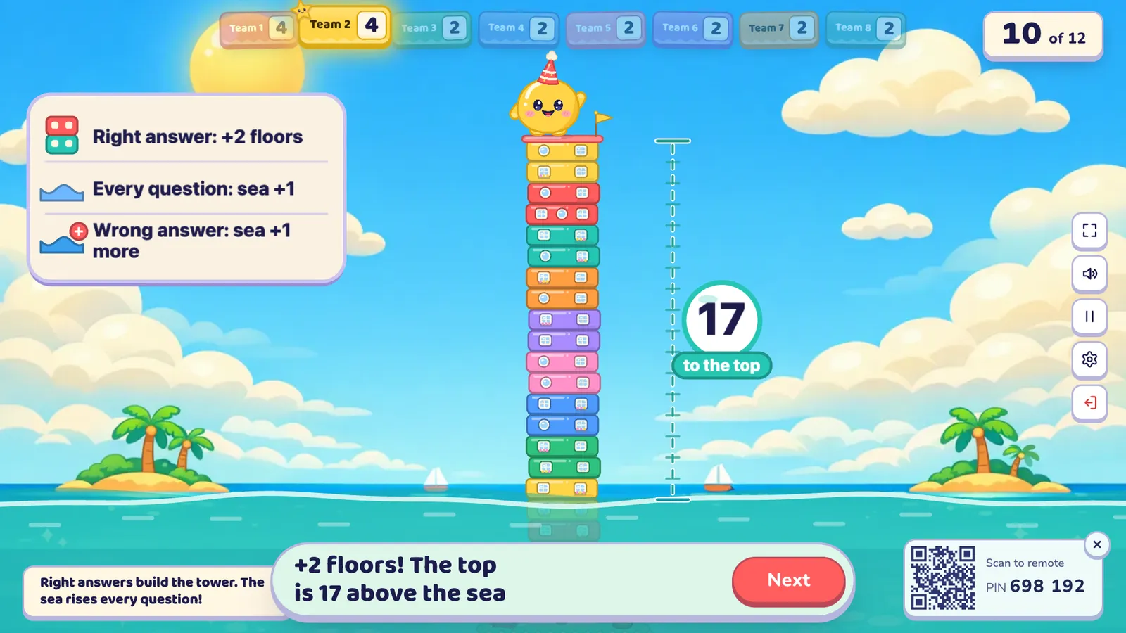 Marea alta: una torre alta de pisos de colores en los ocho colores de equipo sale del mar, Oly con gorro de fiesta en la cima, una regla que marca "17 to the top" y una leyenda a la izquierda: acierto +2 pisos, cada pregunta mar +1, fallo mar +1 más