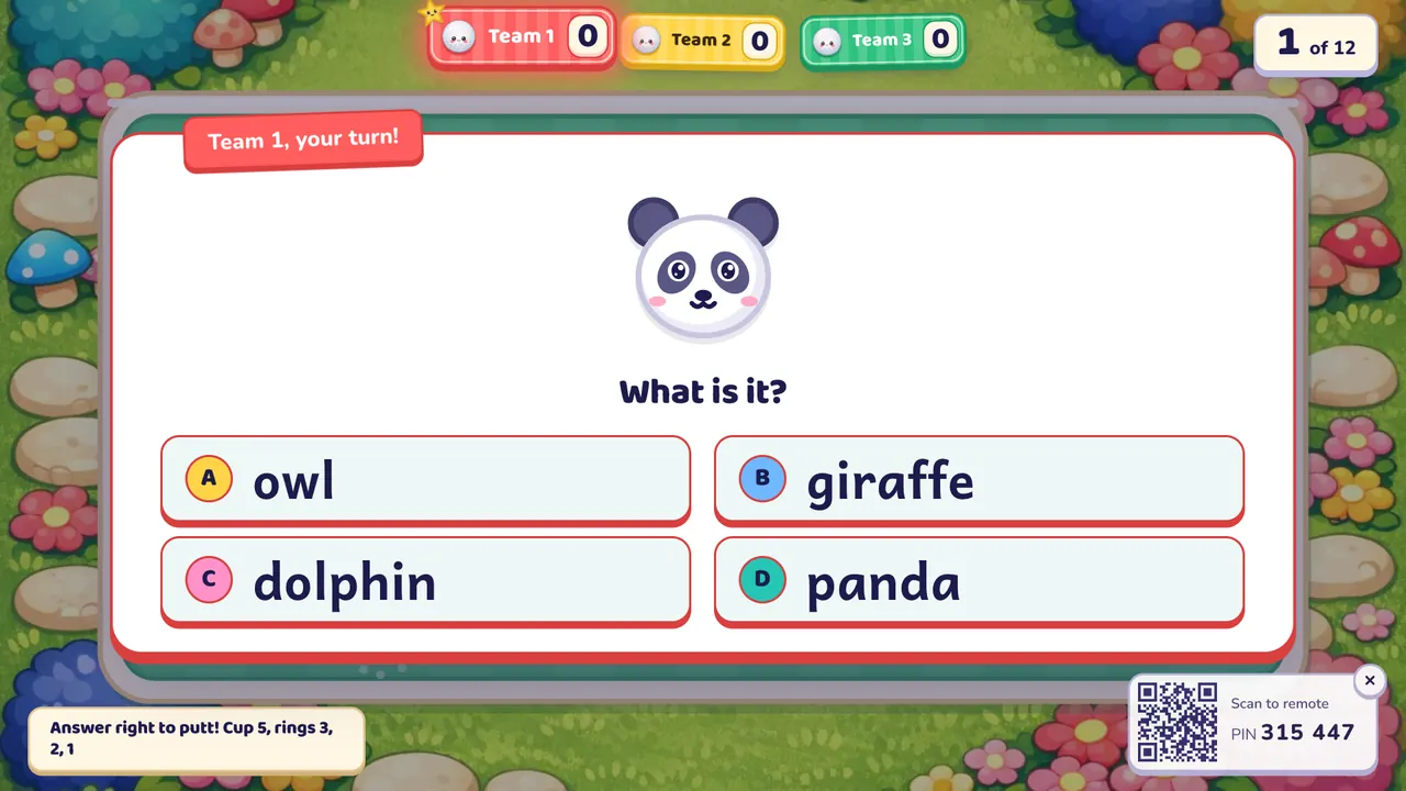 A question card over the golf course: a panda picture, "What is it?" and four answers, with "Team 1, your turn!"