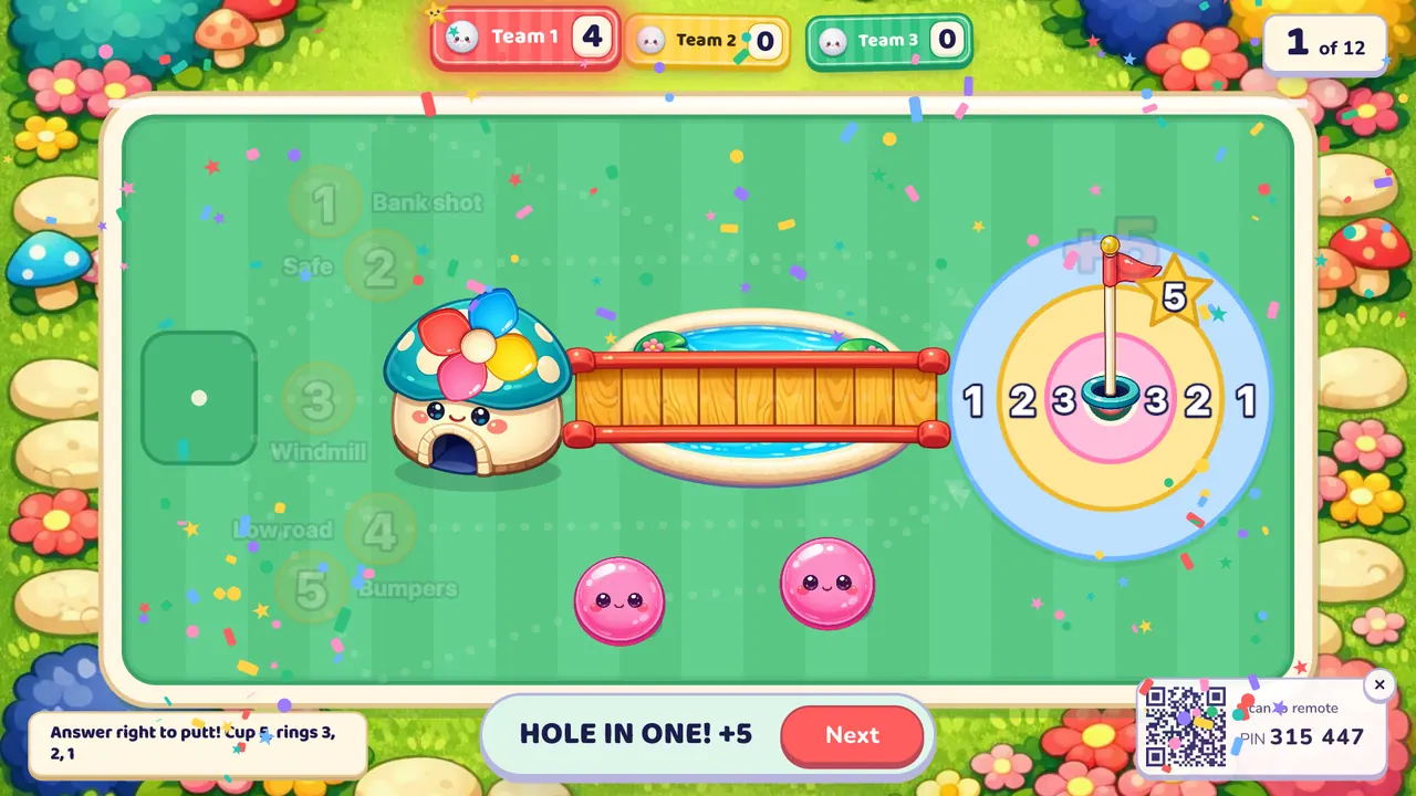 A mini golf course: a windmill house, a bridge over a pond, two pink bumpers and a target of rings around the cup; the banner says "HOLE IN ONE! +5"