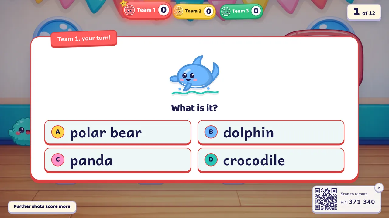 A picture question over the gym: a cartoon dolphin, "What is it?" and four answers: polar bear, dolphin, panda, crocodile