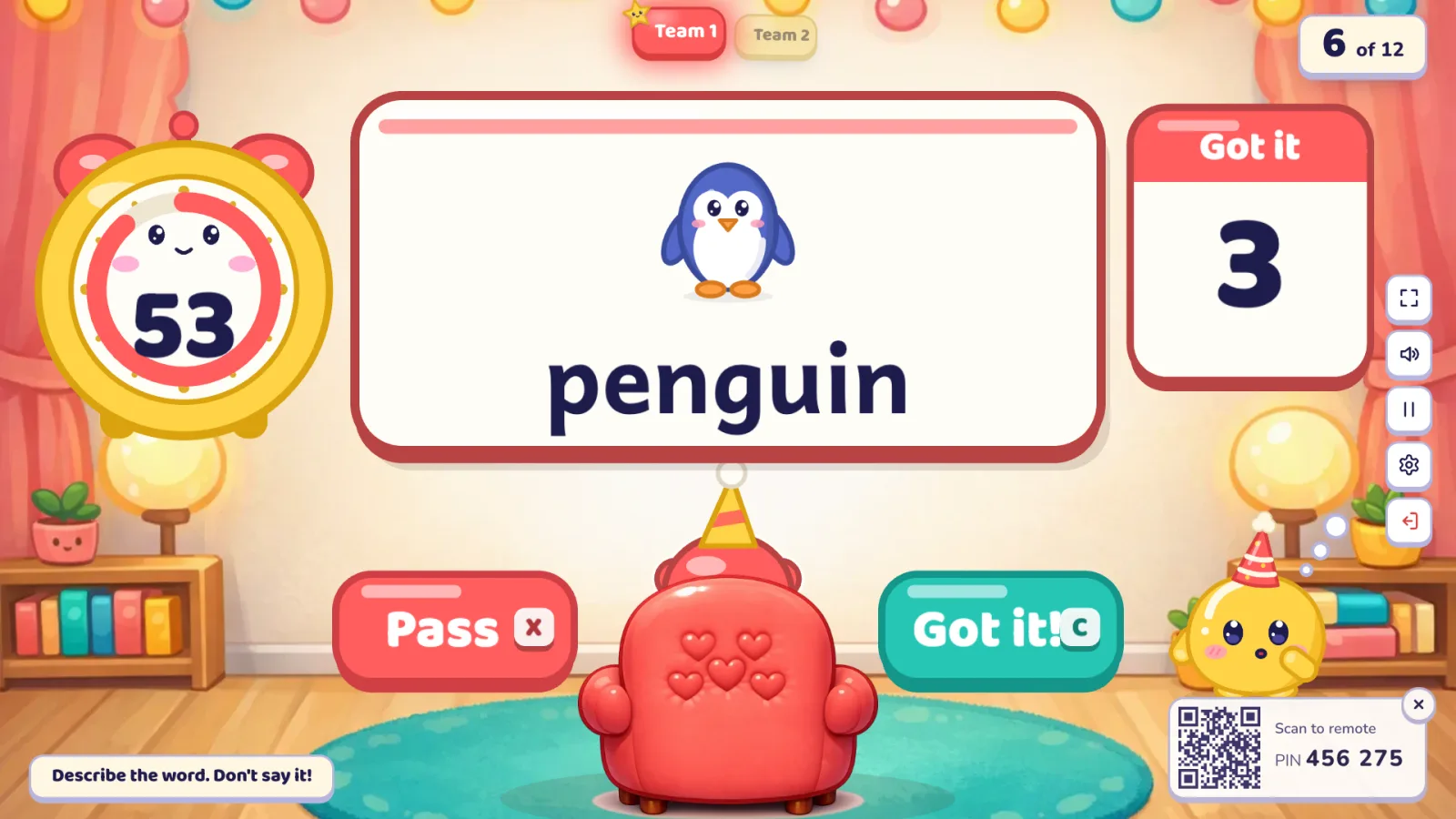 Hot Seat during a round: the clock on 53, a card with a cartoon penguin and the word "penguin", a big red Pass button and a green Got it! button either side of the hot seat, and a tally of 3