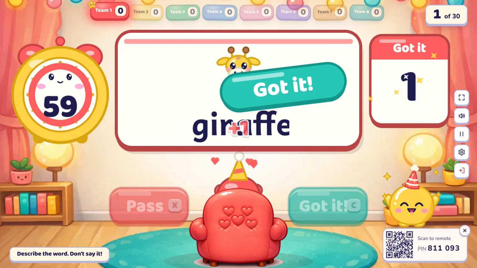 Hot Seat in a cosy studio: a big alarm clock showing 59, a word card with a cartoon giraffe and "giraffe" stamped "Got it!", a red heart armchair in front, a "Got it" tally of 1 on the right, faded Pass and Got it buttons, and Oly smiling in a party hat