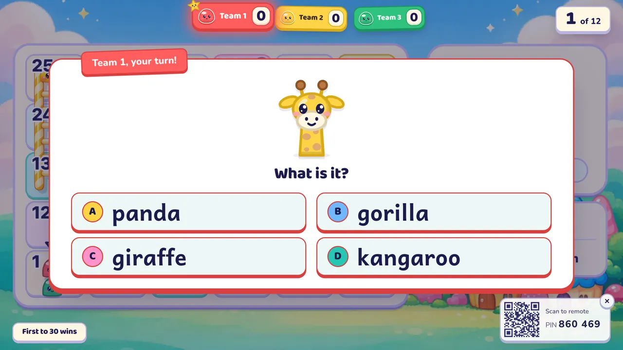 A Ladder Climb question: a cartoon giraffe with "What is it?" and four answers, panda, gorilla, giraffe and kangaroo, with "Team 1, your turn!" above and "First to 30 wins" at the bottom left