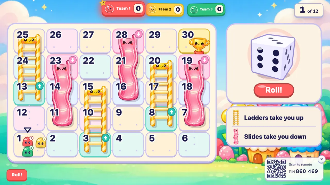 A board of 30 squares with yellow ladders and pink slides, a big die and a Roll button, and three team pieces on square 1