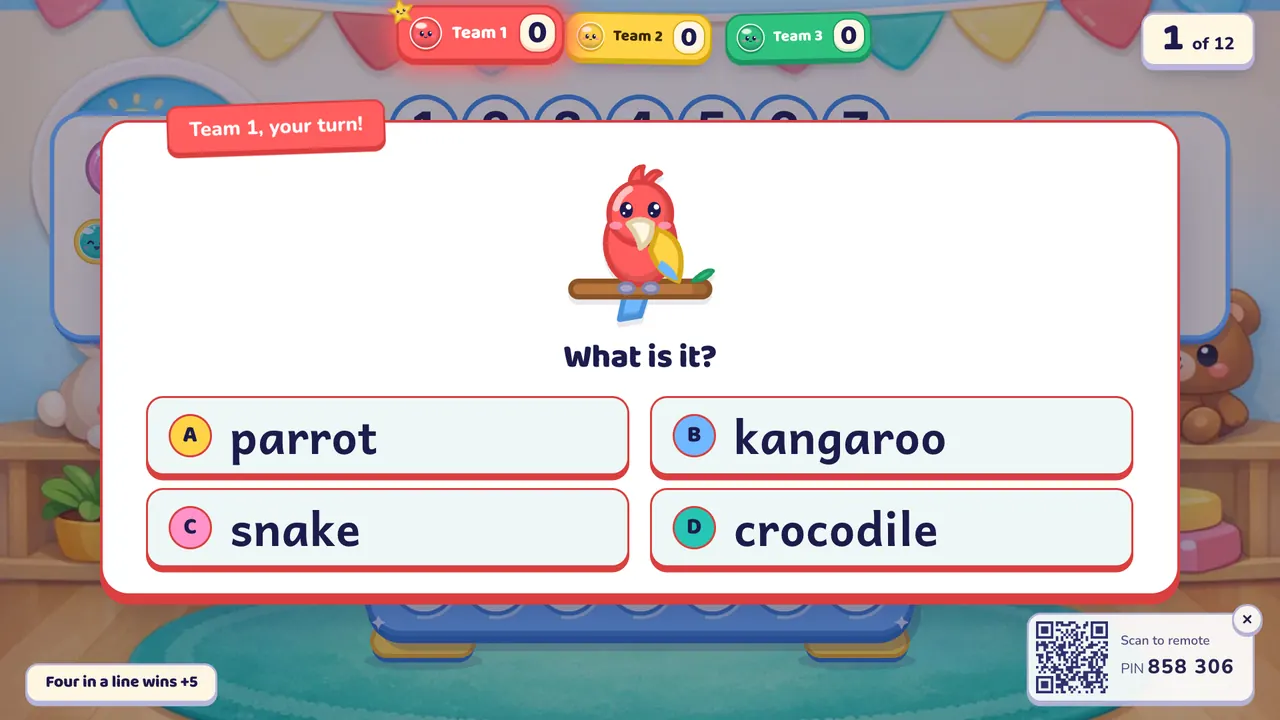 Một câu hỏi trong Bốn ô liền: hình chú vẹt hoạt hình với câu "What is it?" và bốn đáp án parrot, kangaroo, snake, crocodile, phía trên ghi "Team 1, your turn!", góc dưới ghi "Four in a line wins +5"