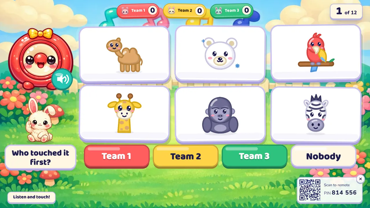 Listen and Touch asking: six pictures (camel, polar bear, parrot, giraffe, gorilla, zebra), a speaker on the left and team buttons under the cards asking "Who touched it first?"