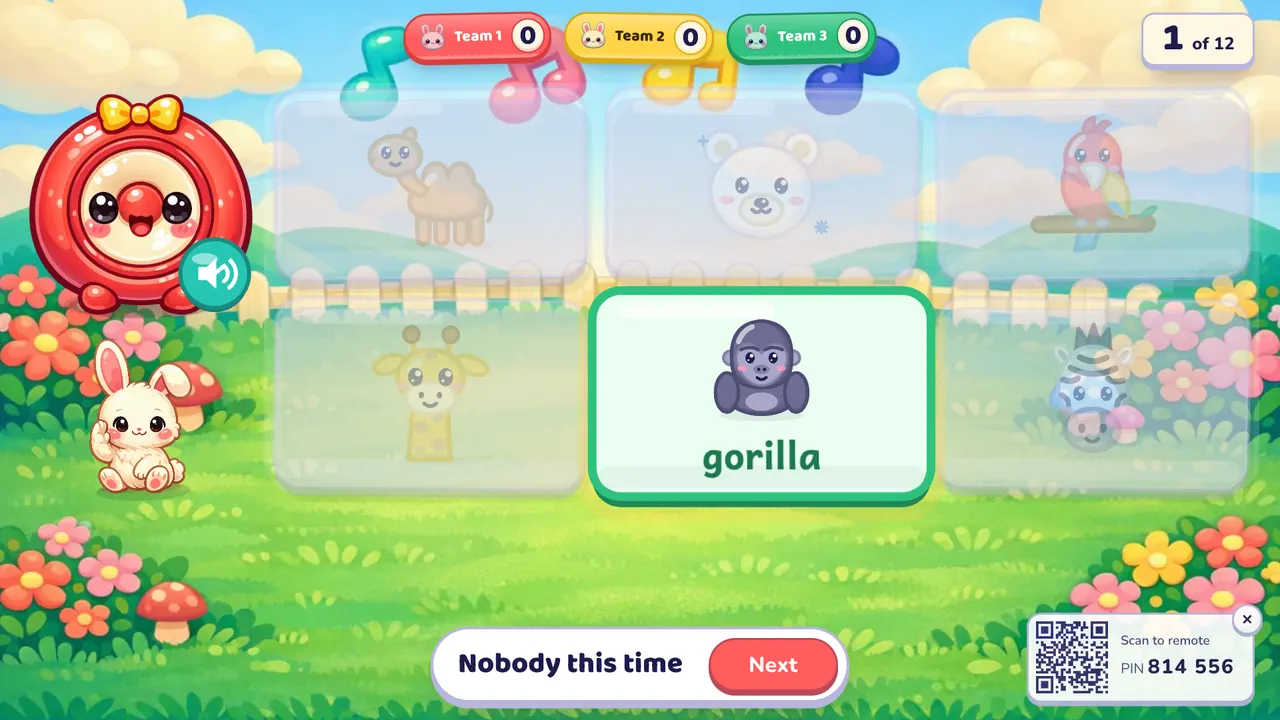 Listen and Touch after a round: six picture cards in a meadow, five faded, and the gorilla card lit up with the word "gorilla" under it