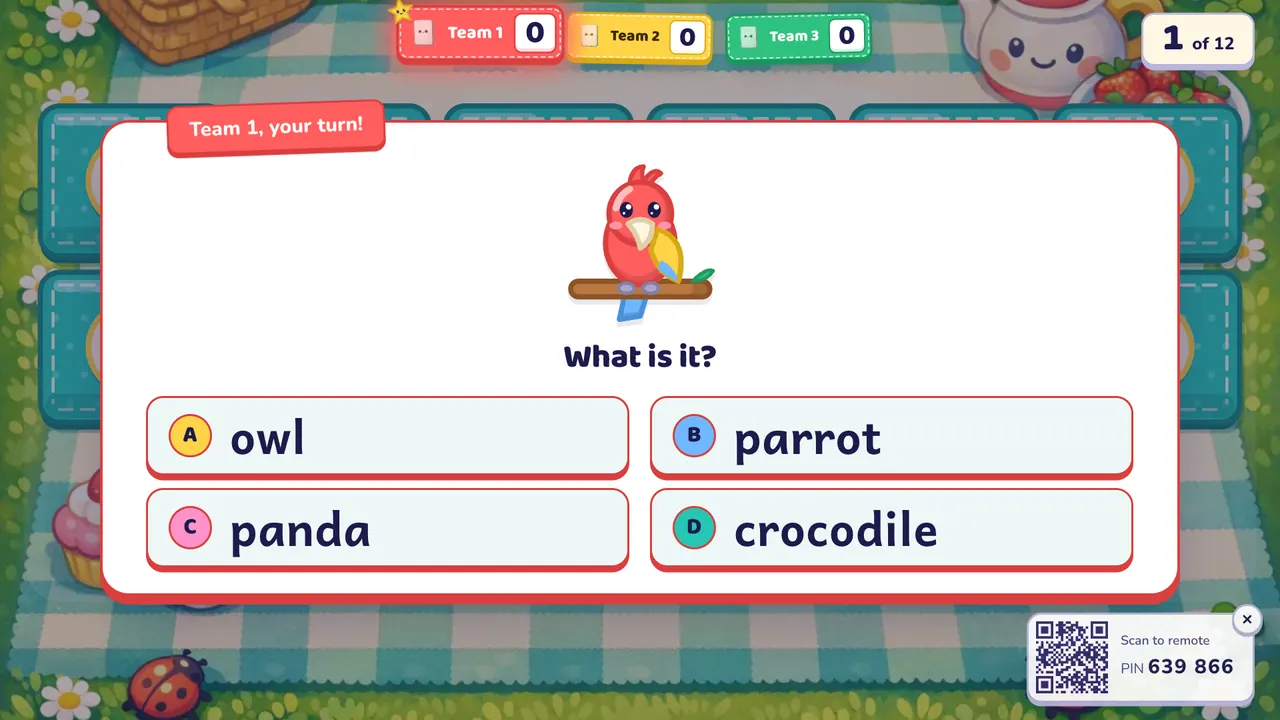 A Memory Match question: a cartoon parrot with "What is it?" and four answers, owl, parrot, panda and crocodile, with "Team 1, your turn!" above