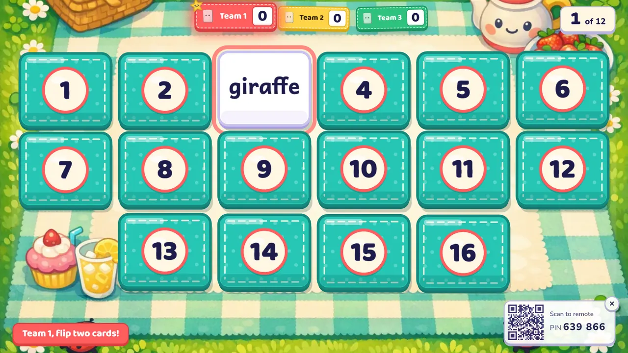 Memory Match on a picnic blanket: sixteen teal cards numbered 1 to 16, card 3 turned over to show the word "giraffe", and the prompt "Team 1, flip two cards!"