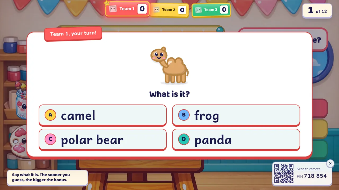A Mystery Picture question card: a picture of a camel, "What is it?" and four answers: camel, frog, polar bear, panda