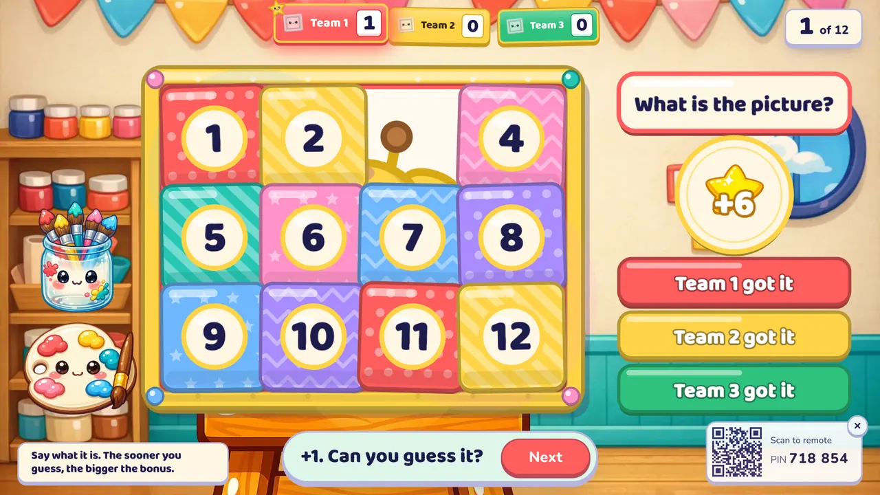 An easel covered by twelve numbered paper pieces, one removed, and three team buttons with a +6 bonus coin