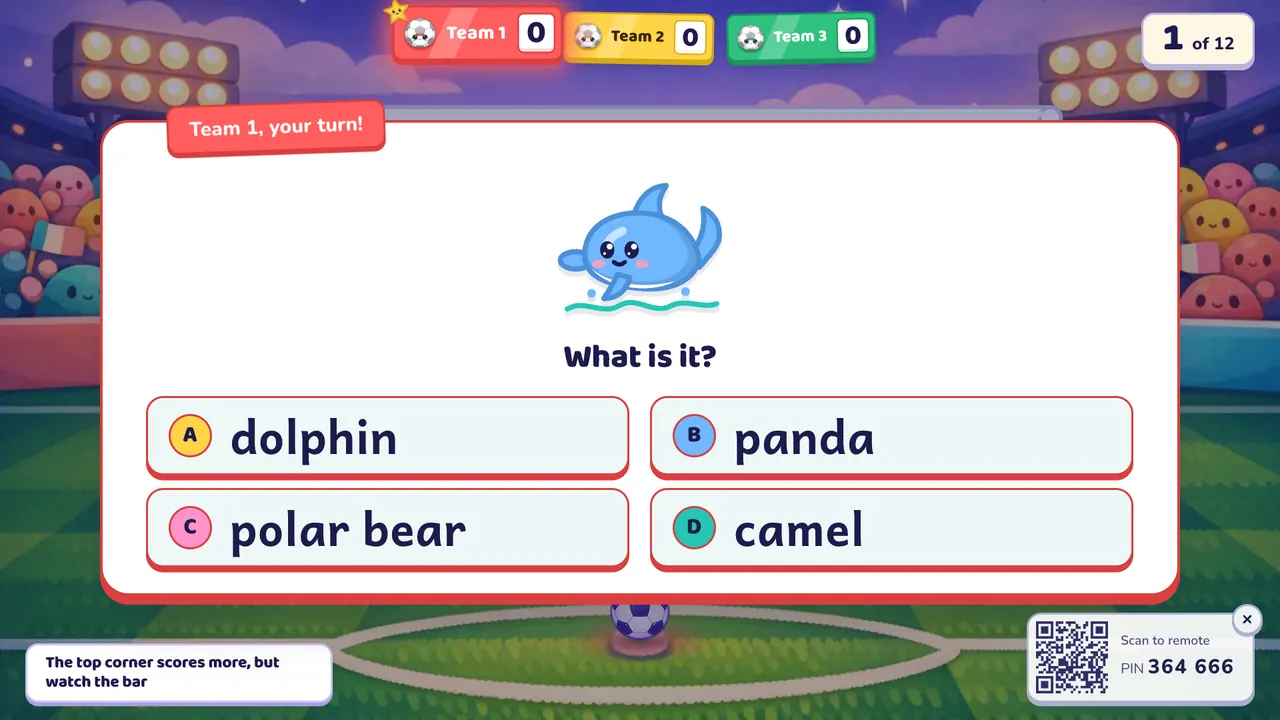 A picture question over the stadium: a cartoon dolphin, "What is it?" and four answers: dolphin, panda, polar bear, camel