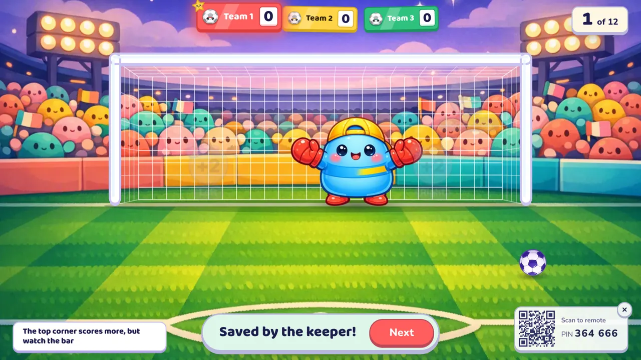 A cartoon stadium at dusk with a smiling keeper in red gloves standing in the goal, a ball on the grass and the banner "Saved by the keeper!"