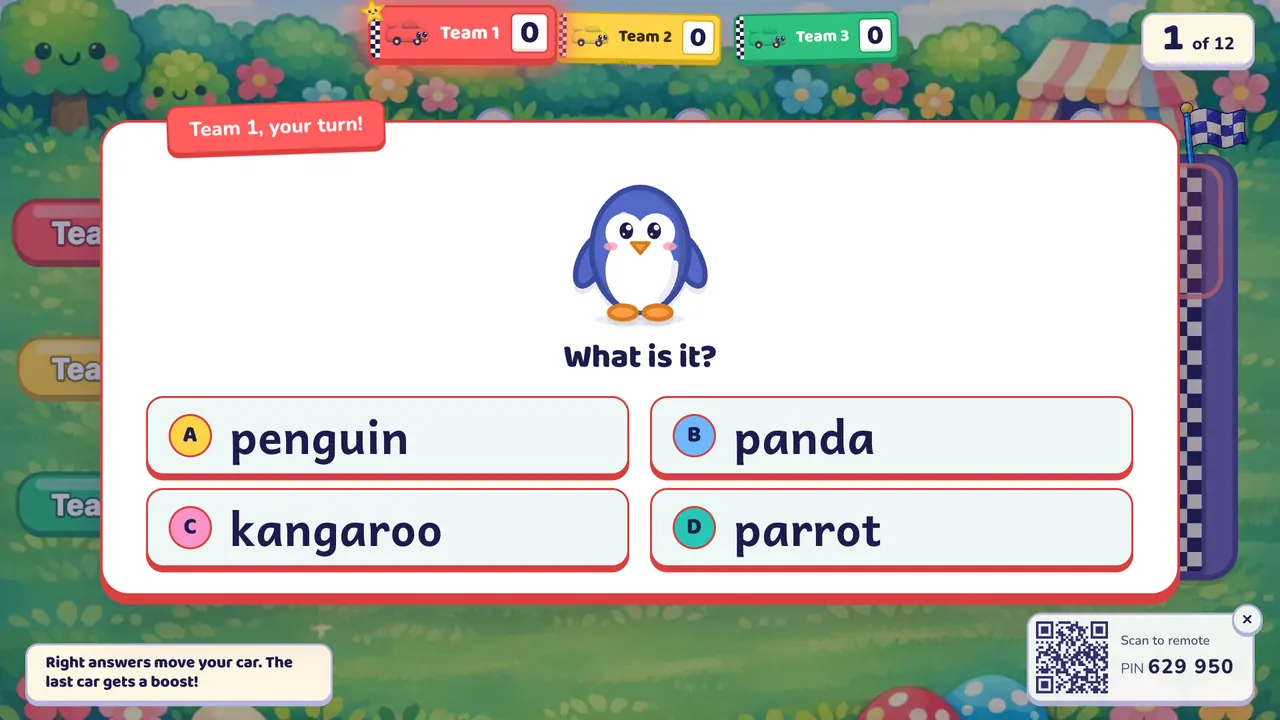 A picture question over the race track: a cartoon penguin, "What is it?" and four answers: penguin, panda, kangaroo, parrot