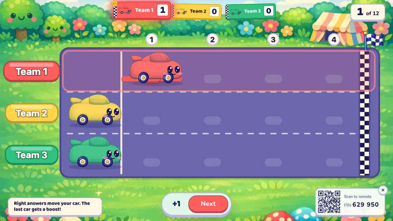 A race track with three lanes, red, yellow and green, numbered 1 to 4 with a checkered finish line; the red car has moved to step 1