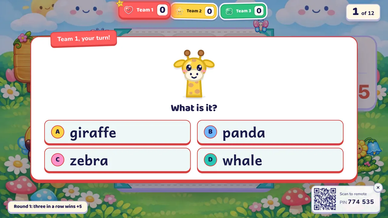 Câu hỏi hình ảnh hiện trên bảng: một chú hươu cao cổ, câu "What is it?" và bốn đáp án giraffe, panda, zebra, whale