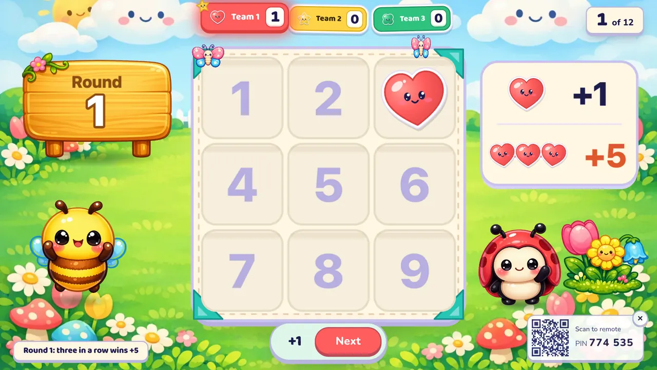 A 3×3 board numbered 1 to 9 in a flower garden, with one red heart sticker on square 3 and a key showing +1 and +5