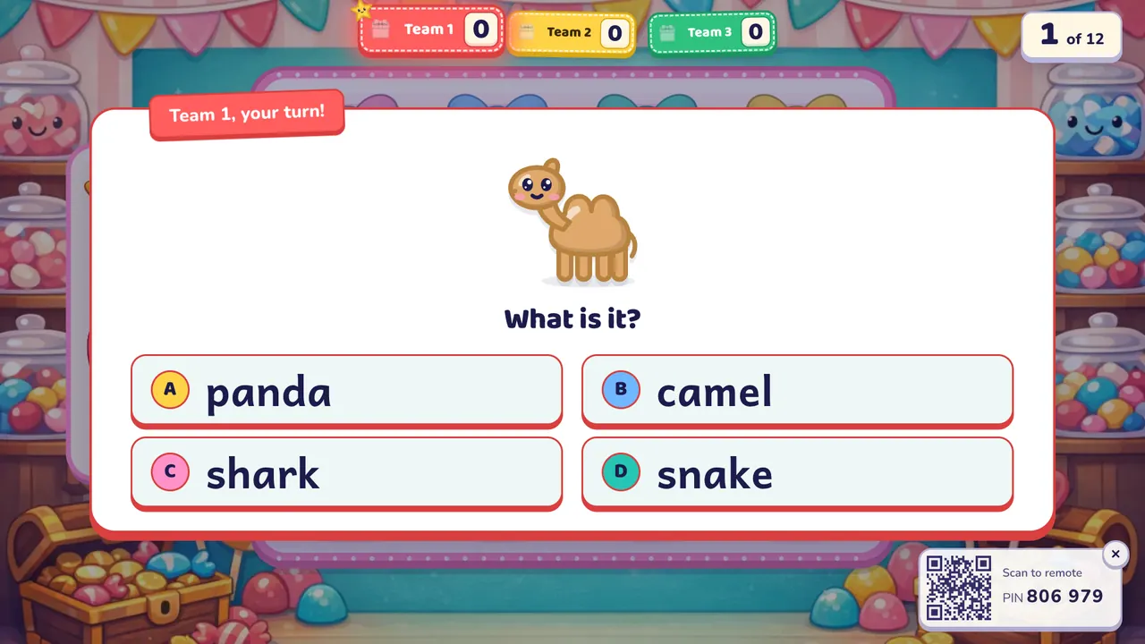 A Tile Grab question: a cartoon camel with "What is it?" and four answers, panda, camel, shark and snake, with "Team 1, your turn!" above