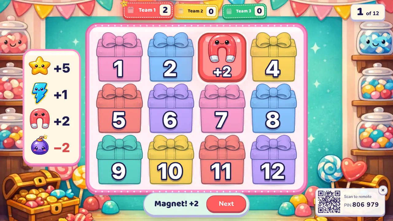 The Tile Grab board in a candy shop: twelve numbered gift boxes, box 3 open with a red magnet showing +2, and a key on the left with the star +5, lightning +1, magnet +2 and bomb −2