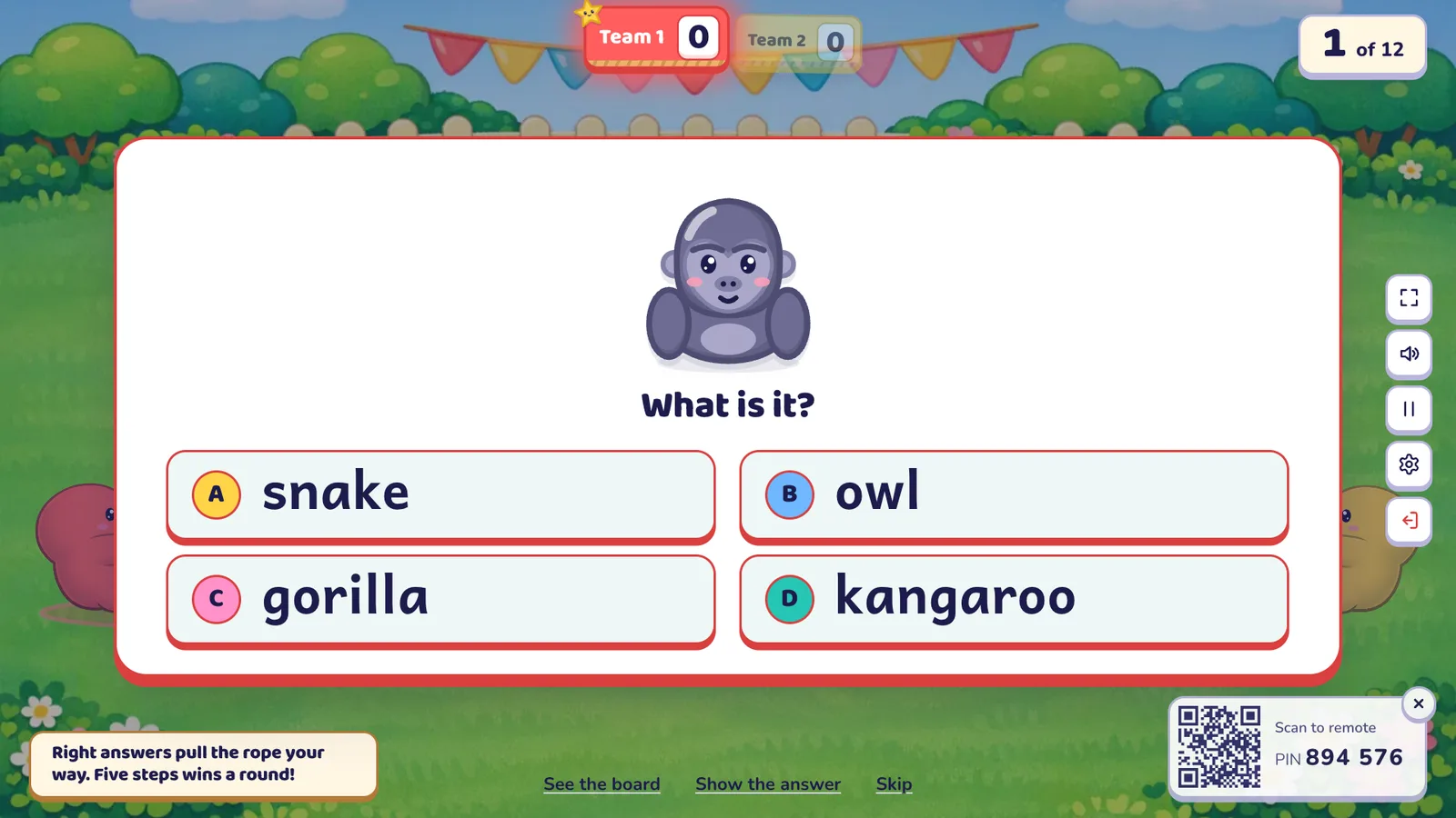 Uma pergunta de Cabo de guerra sobre o pátio: um gorila de desenho, "What is it?" e quatro respostas, snake, owl, gorilla e kangaroo
